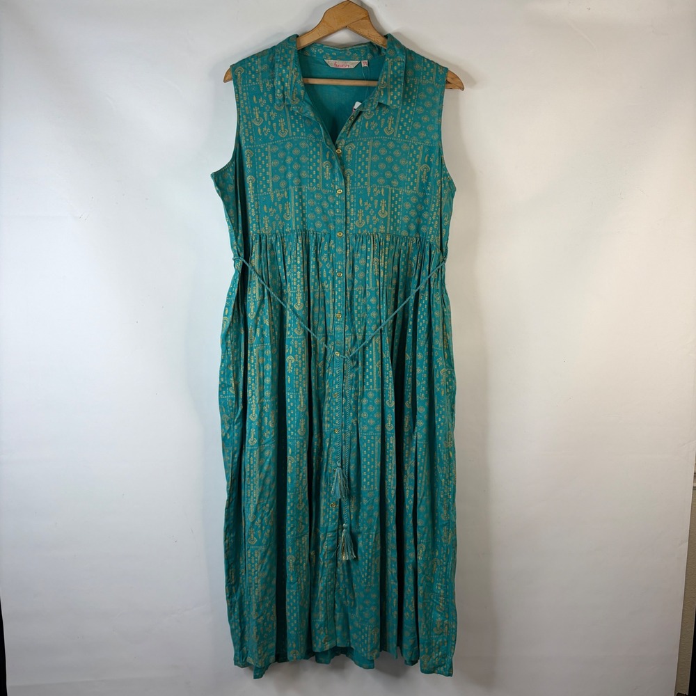 Fusion Maxi Dress Women XXL Aqua Teal Gold Block Print Sleeveless Button Front